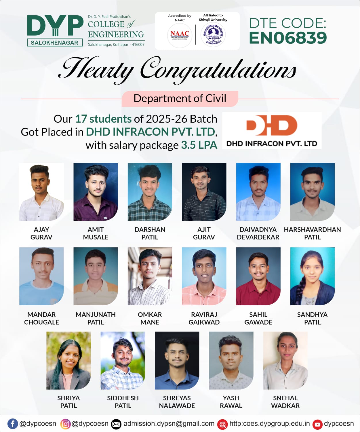 students placed in DHD Infracon Pvt.Ltd with salary package of 3.5 LPA 1